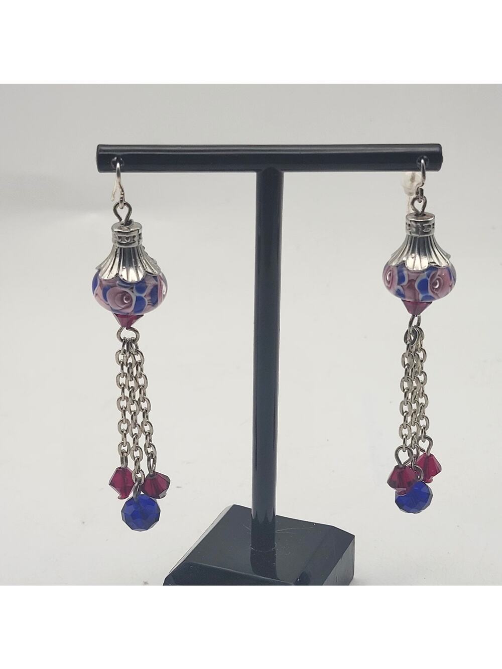 Lampwork Floral Glass Earrings Silver Tone Tassel Cobalt Burgundy Pink Dangles